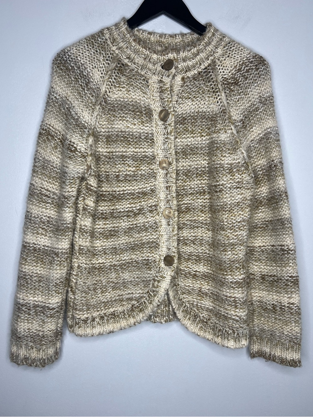 Petite Large Beige Striped Knit Accent Button Front Cardigan Sweater Wool Blend